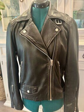 Topshop Black Leather Jacket with Red and White "Love" Painted Back Graphic